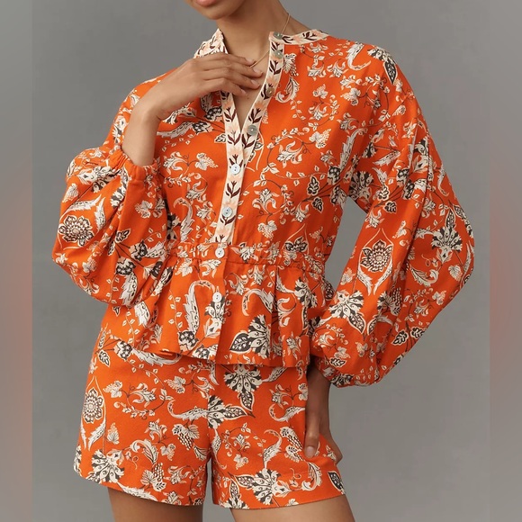 NWT Farm Rio Anthropologie Romper Long-Sleeve Printed Balloon-Sleeve Medium